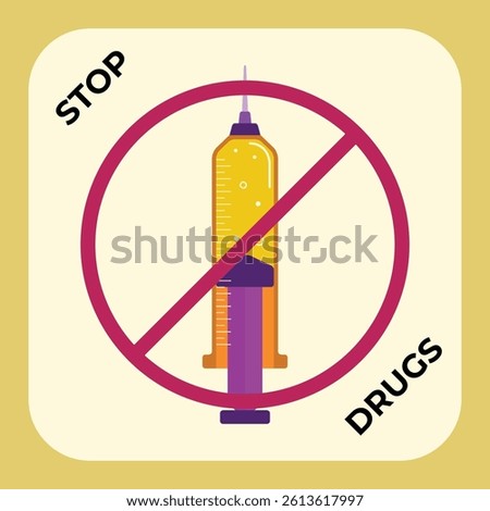 Modern stop drugs vector design (crossed out syringe illustration), anti-narcotics educational image, ideal for social media and leaflet.