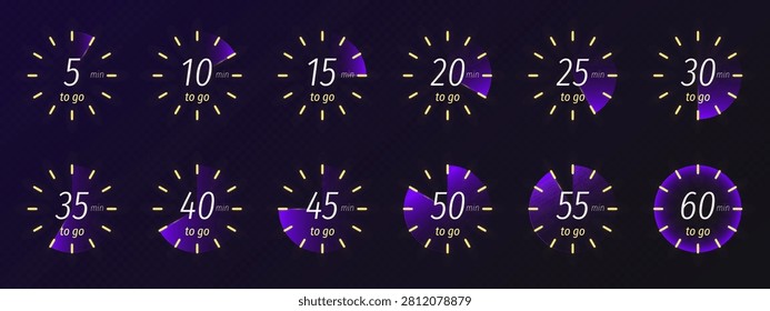 Modern stopwatch and timer graphic design for tracking minutes and seconds, realistic vector digital clock display isolated on transparent background. Neon purple countdown icons for digital interface