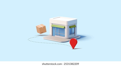 Modern store building, location icon, box. Banner for logistics concepts, and fast delivery of goods and products. Retail concept. Vector