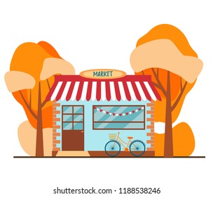 Modern  store facade with autumn trees, flat style. Vector illustration of exterior facade market building