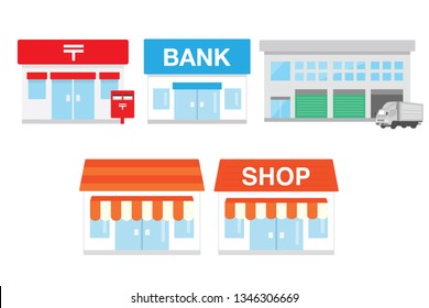 Modern store shop building and shop buildings, store facades, boutiques with showcase flat icons. Exterior market and bank, illustration of exterior facade store building - Vector