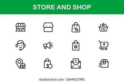 Modern Store and Shop Icons Featuring Retail, Checkout, and E-commerce Graphics in Line Style