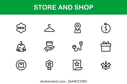 Modern Store and Shop Icons Featuring Retail, Checkout, and E-commerce Graphics in Line Style