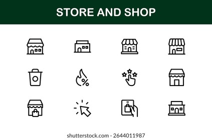 Modern Store and Shop Icons Featuring Retail, Checkout, and E-commerce Graphics in Line Style