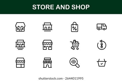 Ícones modernos de loja e loja com gráficos de varejo, check-out e e-commerce em estilo de linha