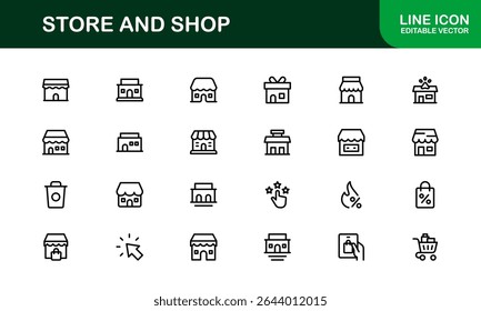 Modern Store and Shop Icons Featuring Retail, Checkout, and E-commerce Graphics in Line Style