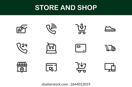 Modern Store and Shop Icons Featuring Retail, Checkout, and E-commerce Graphics in Line Style