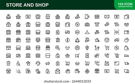 Moderne Store- und Shop-Symbole mit Grafiken für Einzelhandel, Kasse und E-Commerce im Linienstil