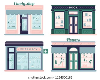 Modern stores set. Candy shop facade and urban book retail store. Local retail pharmacy and flowers boutique urban shopping retro street market building. Outdoor storefront vector isolated icon set