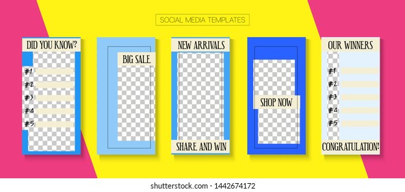 Modern Stories Vector Background. Blogger Simple Frame, Social Media Kit Template. Online Shop Fashion Invitation Brand. Hipster Sale, New Arrivals Story Layout. Social Media Stories Simple Set