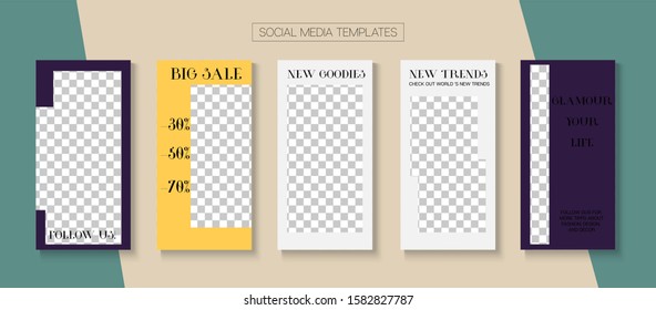 Modern Stories Vector Background. Blogger Hipster Concept, Social Media Kit Template. Online Shop Graphic Invitation Brand. Modern Sale, New Arrivals Story Layout. Social Media Stories Simple Set