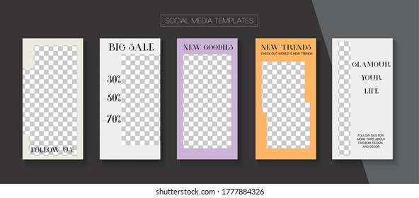 Modern Stories Vector Background. Blogger Hipster Cards, Social Media Kit Template. Online Shop Fashion Invitation Phone. Tech Sale, New Arrivals Story Layout. Social Media Stories Simple Set