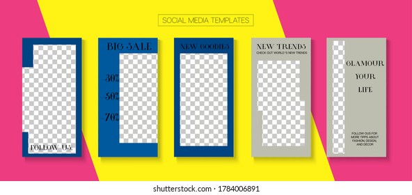 Fondo vectorial de historias modernas. Bloguero Hipster Frame, Plantilla de Kit de medios sociales. Anuncio de Invitación de Lujo de Tienda Online. Venta Funky, Diseño De La Historia De Los Nuevos Llegados. Conjunto simple de historias de medios sociales