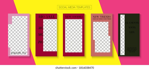 Modern Stories Vector Background. Blogger Modern Cards, Social Media Kit Template. Online Shop Rich VIP Graphic Phone. Hipster Sale, New Arrivals Story Layout. Social Media Stories Simple Set