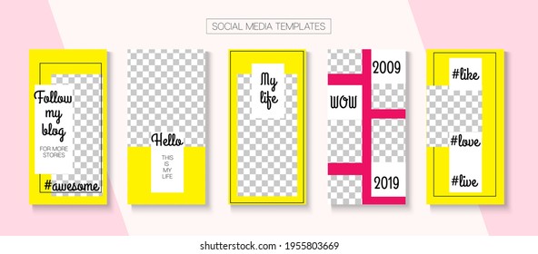Modern Stories Vector Background. Blogger Tech Concept, Social Media Kit Template. Online Shop Abstract Graphic Mobile. Hipster Sale, New Arrivals Story Layout. Social Media Stories Simple Set