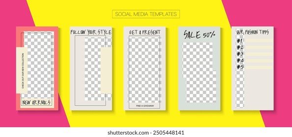 Modern Stories Vector Background. Blogger Trendy Concept, Social Media Kit Template. Online Shop Rich VIP Invitation Phone. Funky Sale, New Arrivals Story Layout. Social Media Stories Simple Set