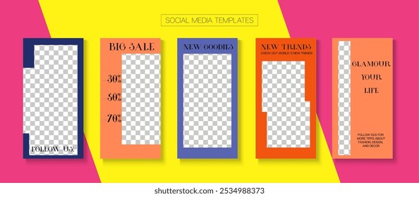 Modern Stories Vector Background. Funky Sale, New Arrivals Story Layout. Online Shop Elegant Graphic Apps. Blogger Modern Frame, Social Media Kit Template. Social Media Stories Simple Set