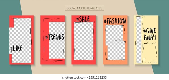 Modern Stories Vector Background. Hipster Sale, New Arrivals Story Layout. Online Shop Polygon Graphic Phone. Blogger Funky Frame, Social Media Kit Template. Social Media Stories Simple Set