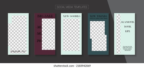 Moderne Geschichten, Vektorhintergrund. Minimaler Verkauf, neue Ankunft Storys Layout. Blogger Minimal Cards, Social Media Kit Template. Online Shop Luxury Einladung Telefon. Einfache Set für Social Media-Stories