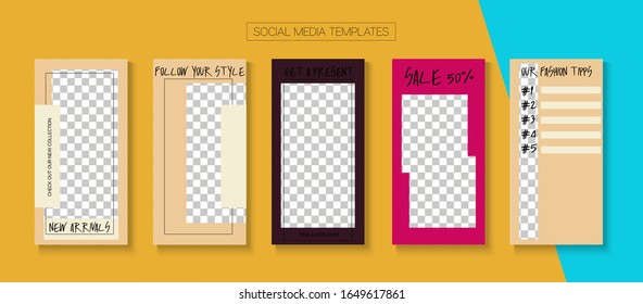 Fondo vectorial de historias modernas. Tienda en línea Gráfica abstracta móvil. Venta de Hipster, Diseño de la Historia de la llegada nueva. Bloguero Funky Frame, Plantilla de Kit de Medios Sociales. Conjunto simple de historias en medios sociales