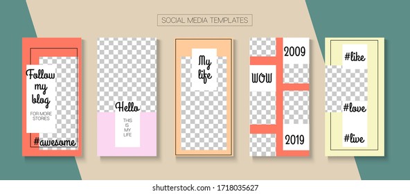 Fondo vectorial de historias modernas. Anuncio gráfico abstracto de tienda en línea. Tarjetas Mínimas Para Blogueros, Plantilla De Kit De Medios Sociales. Venta Moderna, Diseño Histórico De Nuevos Llegados. Conjunto simple de historias en medios sociales