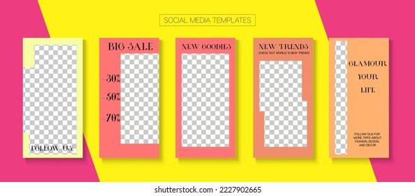 Modern Stories Vector Background. Online Shop Graphic Invitation Apps. Tech Sale, New Arrivals Story Layout. Blogger Hipster Design, Social Media Kit Template. Social Media Stories Simple Set