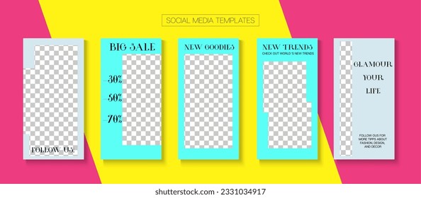 Modern Stories Vector Background. Online Shop Rich VIP Graphic Brand. Tech Sale, New Arrivals Story Layout. Blogger Minimal Border, Social Media Kit Template. Social Media Stories Simple Set