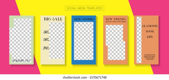 Modern Stories Vector Background. Modern Sale, New Arrivals Story Layout. Blogger Hipster Covers, Social Media Kit Template. Online Shop Graphic Invitation Advert. Social Media Stories Simple Set