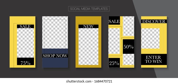 Modern Stories Vector Background. Modern Sale, New Arrivals Story Layout. Online Shop Luxury Invitation Advert. Blogger Simple Design, Social Media Kit Template. Social Media Stories Simple Set