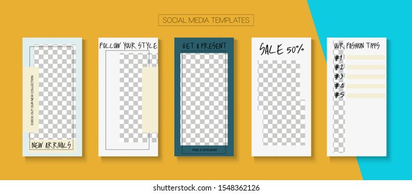 Modern Stories Vector Background. Tech Sale, New Arrivals Story Layout. Online Shop Luxury Graphic Advert. Blogger Minimal Border, Social Media Kit Template. Social Media Stories Simple Set
