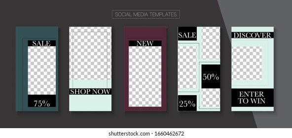 Modern Stories Vector Background. Tech Sale, New Arrivals Story Layout. Online Shop Graphic Invitation Apps. Blogger Trendy Concept, Social Media Kit Template. Social Media Stories Simple Set