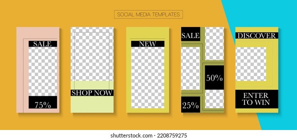 Modern Stories Vector Background. Trendy Sale, New Arrivals Story Layout. Blogger Simple Covers, Social Media Kit Template. Online Shop Elegant Invitation Advert. Social Media Stories Simple Set