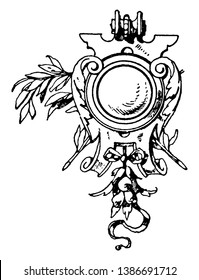 Modern Strap-Work Frame have circle in it center, it have leaves pattern, vintage line drawing or engraving illustration.