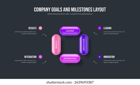 Modern Strategy 4 Element Infographic Presentation Template. Company Development Slideshow Design Vector Illustration. Professional Planning Four Step Diagram Frame Layout.