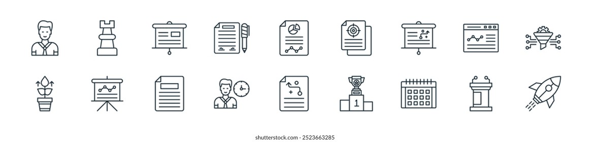 modern strategy and management icon pack. perfect for linear ui designs featuring vector rocket launch, podium, calendar, podium, strategy, work, seo report and more icons for mobile and web apps.