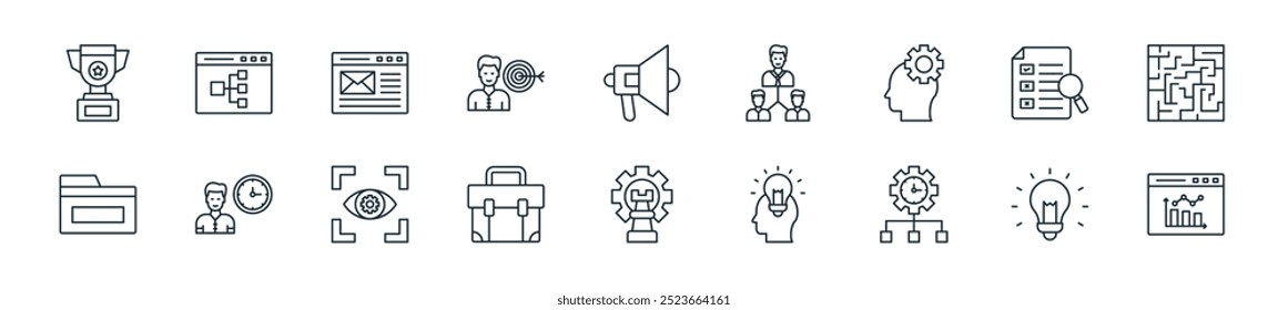 modern strategy and management icon pack. perfect for linear ui designs featuring vector bar chart, idea, time management, creativity, strategy, suitcase, vision and more icons for mobile and web