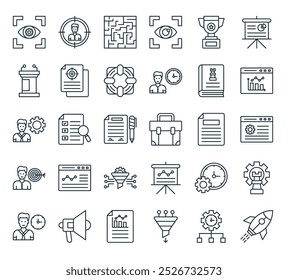 modern strategy and management icon pack. perfect for linear ui designs featuring vector rocket launch, time management, funnel, bar chart, megaphone and more icons.