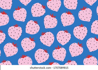 Modern strawberries pattern. Big round strawberries on blue. Big berries. Berry pattern design for textile, web banner, cards. Fresh summer fruits. Red berries and fruits.