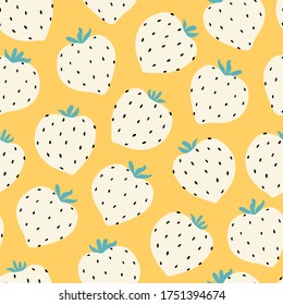 Modern strawberry seamless pattern. Big white round strawberries on yellow. Big vibrant berries. Berry pattern design for textile, web banner, cards. Fresh summer fruits. Red berries and fruits.