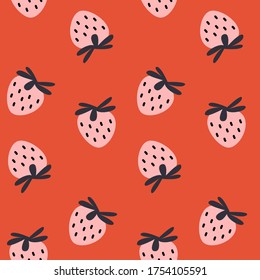 Modern strawberry seamless pattern. Big pink round strawberries on red. Big vibrant berries. Berry pattern design for textile, web banner, cards. Fresh summer fruits. Pink berries and fruits.