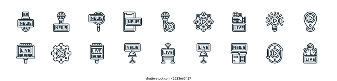 modern streaming icon pack. perfect for linear ui designs featuring vector live, live, box, satelite, live, news, billboard and more icons for mobile and web apps.