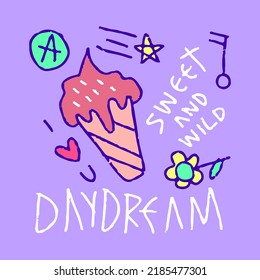 Modern street art graffiti, with ice cream, sunflower, love,  key element. Artwork for street wear, t shirt, posters, bomber jackets, hoodie, patchworks, enamel pins; for clothes.