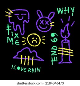 Modern street art graffiti, with melted emoji, bunny, candle, unhappy face element. Artwork for street wear, t shirt, posters, bomber jackets, hoodie, patchworks, enamel pins; for clothes.