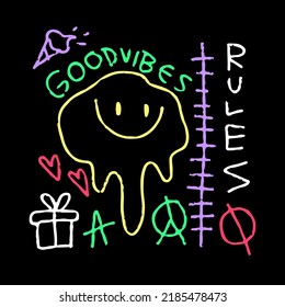 Modern street art graffiti, with melted emoji, peace symbol, ice cream, unique quote element. Artwork for street wear, t shirt, posters, bomber jackets, hoodie, patchworks, enamel pins; for clothes.