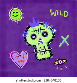 Modern street art illustration, with zombie skull, love, smile emoji, one eye graffiti. Artwork for street wear, t shirt, posters, bomber jackets, hoodie, patchworks, enamel pins; for clothes.