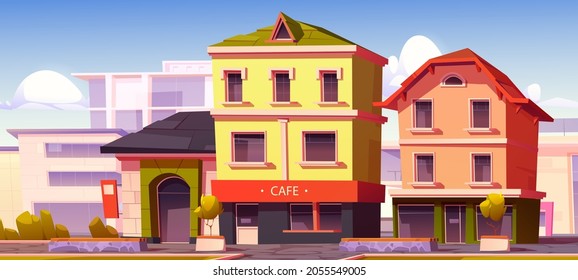 Modern Street With Cafe And Shop Buildings In European Town. Vector Cartoon Illustration Of City With Empty Sidewalk, Restaurant Facade And Houses With Windows And Storefront