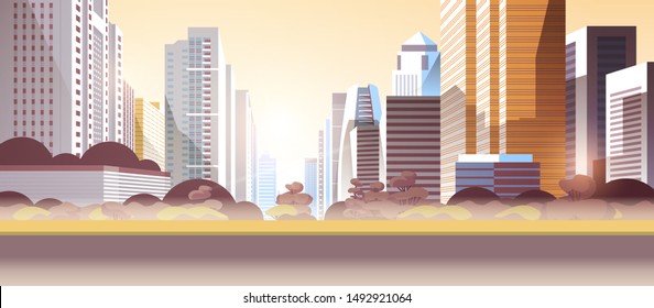 modern street city skyscrapers toxic gas air pollution industry smog polluted environment concept cityscape skyline background flat horizontal