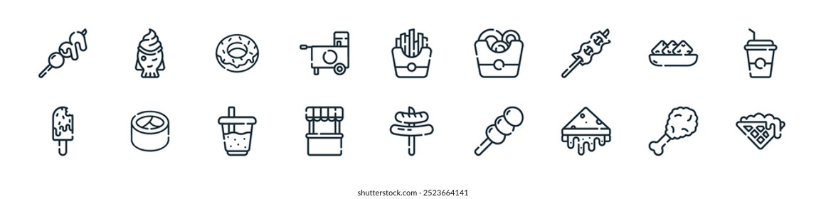 modern street food icon pack. perfect for linear ui designs featuring vector waffle, fried chicken, sandwich, dango, sausage, booth, boba tea and more icons for mobile and web apps.