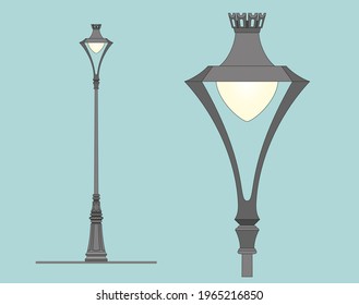 Modern street lamp. Outdoor lighting of the city. Street light. Design of parks and squares. Garden lamps. Classic architecture. Lighting design. Luxury landscape design. Lamp post. Vector.	