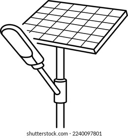 Modern street light with solar panel. Vector outline illustration.